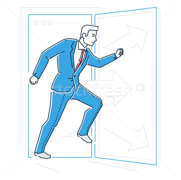 Businessman rushing through the door - line design style illustration Stock photo © Decorwithme