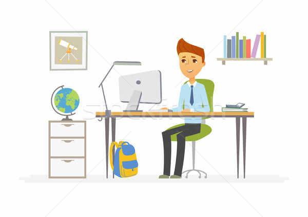 Online education - illustration of boy student at home computer Stock photo © Decorwithme