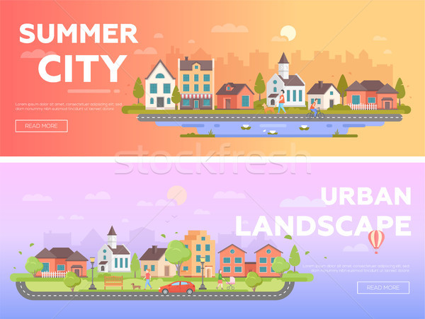 Summer city, urban landscape - set of modern flat vector illustrations Stock photo © Decorwithme