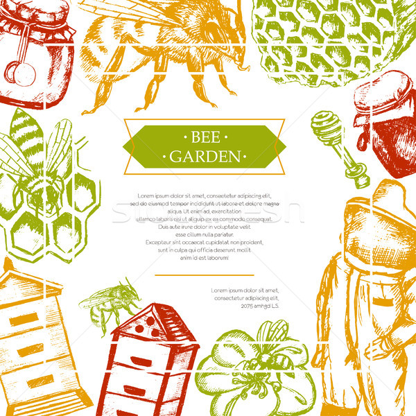Bee Garden - color vector vintage postcard template. Stock photo © Decorwithme