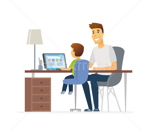 Father and son at the laptop - cartoon people characters illustration Stock photo © Decorwithme