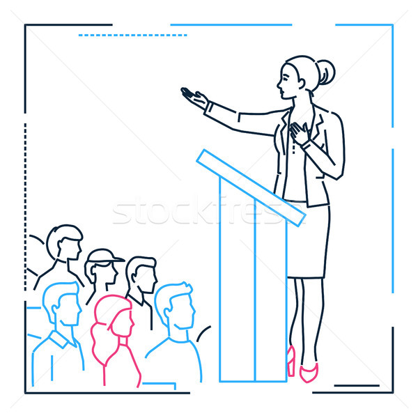 Businesswoman speaking from a platform - line design style illustration Stock photo © Decorwithme