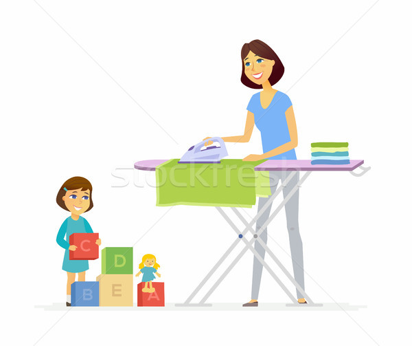 Young woman irons clothes - cartoon people characters isolated illustration Stock photo © Decorwithme