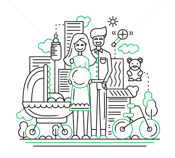 Stock photo: Happy family - line design illustration