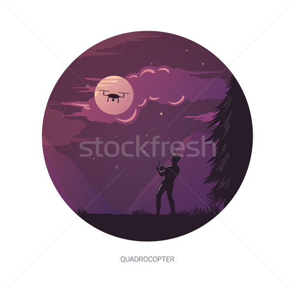 Graphic design illustration of person operating quadrocopter at moon night Stock photo © Decorwithme