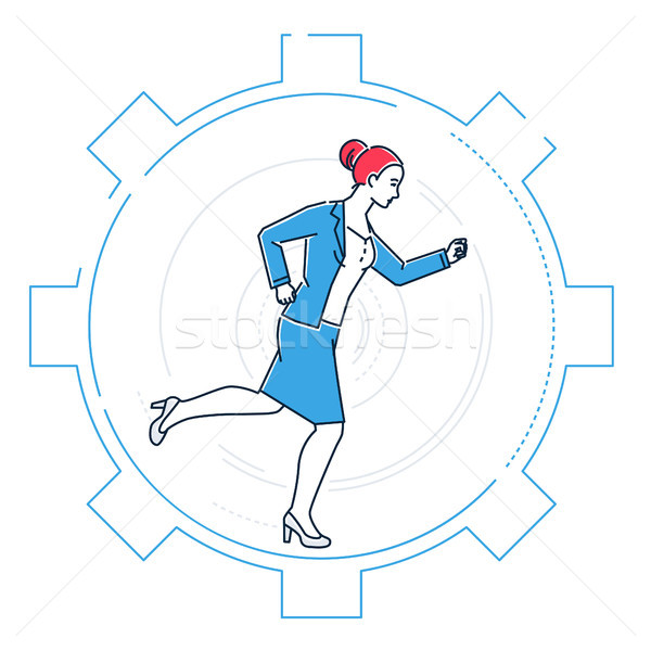 Businesswoman running in a gear - line design style illustration Stock photo © Decorwithme