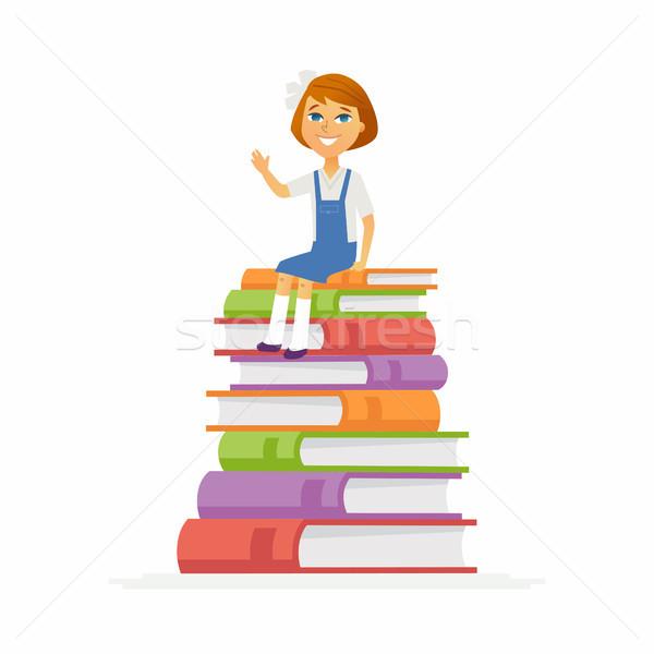 School Girl - characters of happy child sitting on books Stock photo © Decorwithme