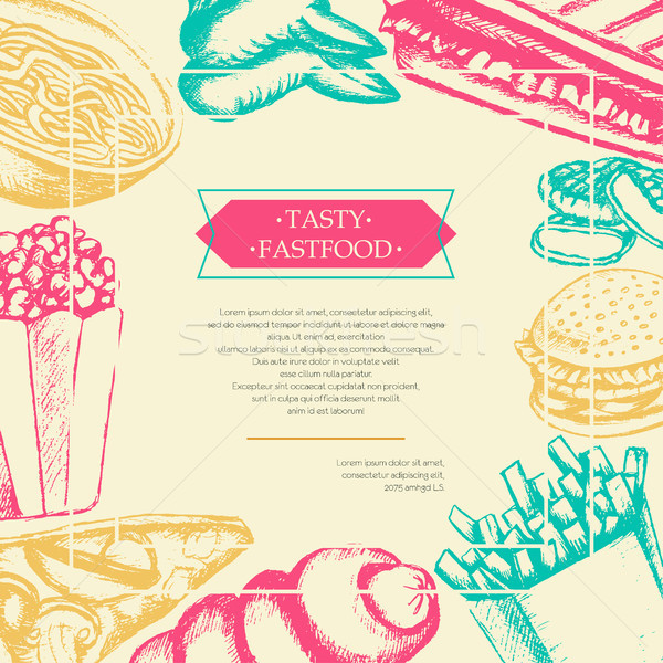 Fast-Food Farbe Hand gezeichnet Jahrgang Postkarte Vorlage Stock foto © Decorwithme