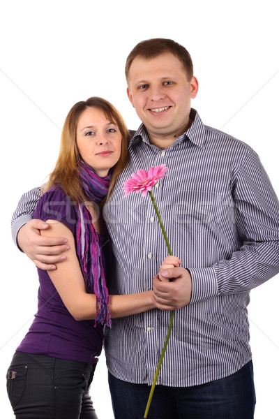 Cuplu tineri izolat alb zâmbet faţă Imagine de stoc © DedMorozz
