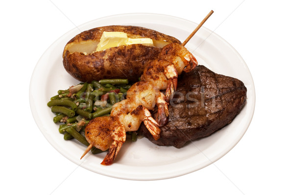 Foto stock: Filete · papa · ejotes · camarón · solomillo