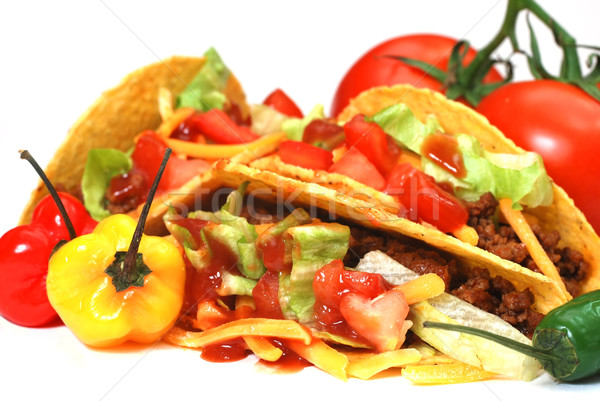Taco közelkép paradicsomok paprikák izolált fehér Stock fotó © dehooks