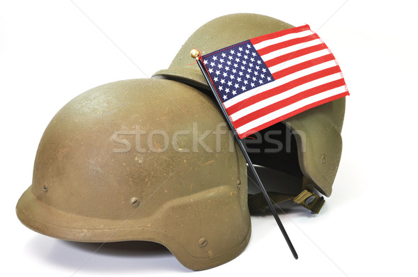 Amerykański wojskowych kaski amerykańską flagę odizolowany biały Zdjęcia stock © dehooks