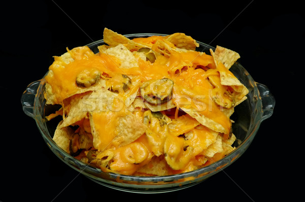 Foto stock: Nachos · prato · jalapeno · pimentas · isolado · preto