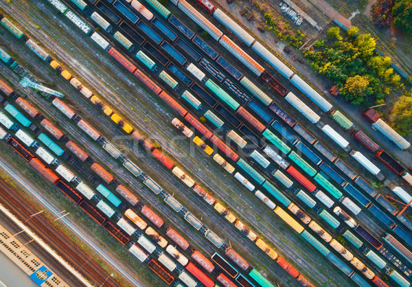 Stock photo: Top view of colorful cargo trains. Aerial view