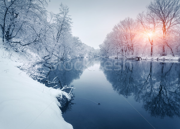 Tél erdő folyó naplemente színes tájkép Stock fotó © denbelitsky