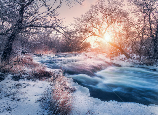 Winter landscape with snowy trees, ice, beautiful frozen river Stock photo © denbelitsky