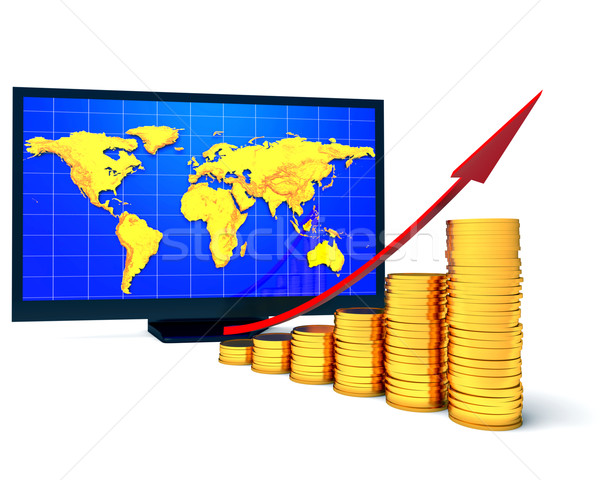 Traçar exibir moedas mapa do mundo negócio computador Foto stock © dengess