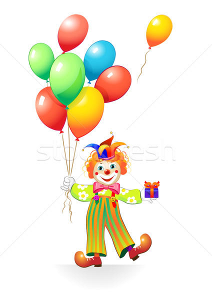 Stock photo: unny clown with balloons, mask, noise maker and purim cookies