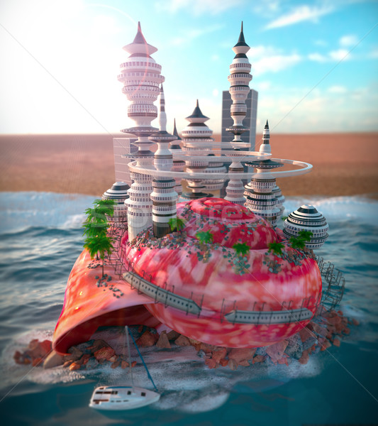 relaxing vacation concept background with seashell and ecologic futuristic city Stock photo © denisgo