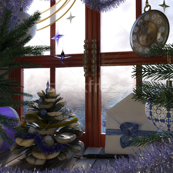 Christmas tree with pine cone,window and clock concept interior composition Stock photo © denisgo