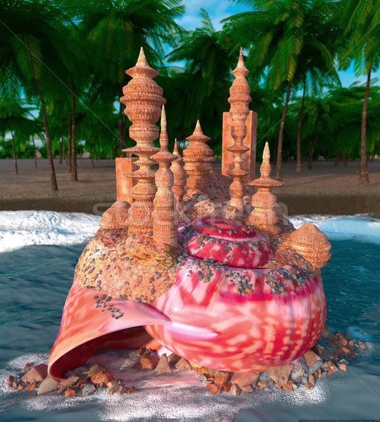 relaxing vacation concept background with seashell,palms and sand castle Stock photo © denisgo