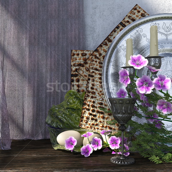 Jewish celebrate pesach passover with eggs, matzo and flowers holiday background Stock photo © denisgo