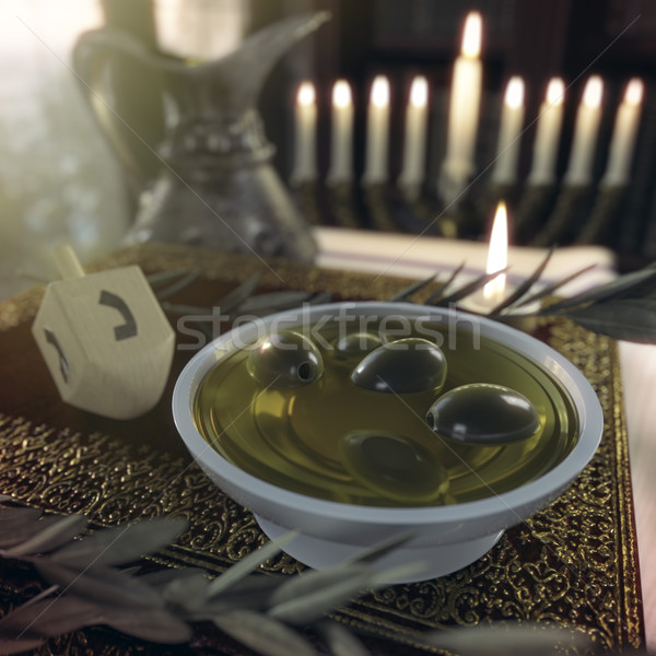 hanukkah close up with candles, old books, spinning top and olives Stock photo © denisgo