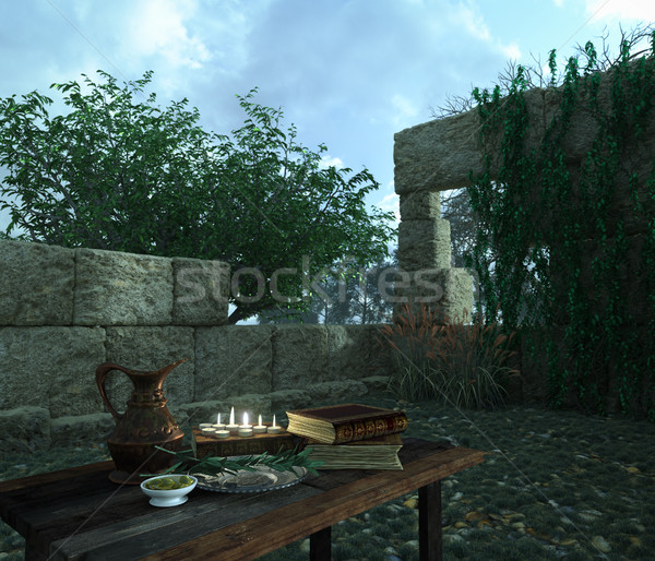 stilllife on nature background  with ancient ruins, books, olive and pitcher Stock photo © denisgo