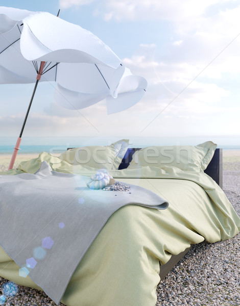 Strand salon bed paraplu zee Stockfoto © denisgo