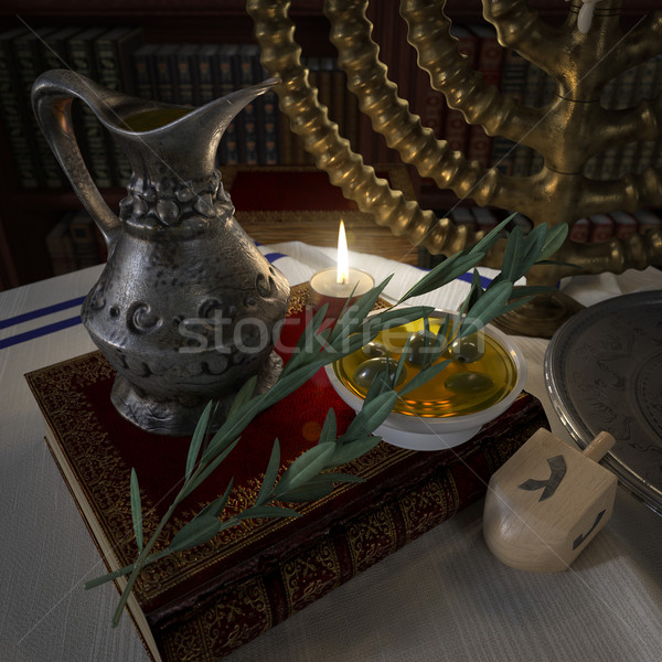 hanukkah close up with candles, old books, spinning top Stock photo © denisgo