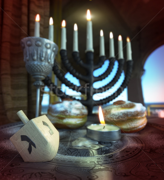 hanukkah background with candles, donuts, spinning top Stock photo © denisgo
