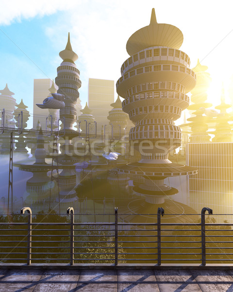 aerial view of Futuristic City with flying spaceships Stock photo © denisgo