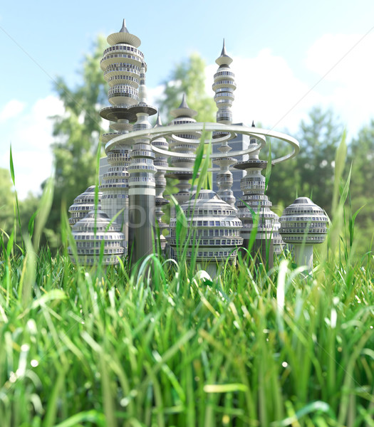 Futuristic City with blade of grass ecology concept background Stock photo © denisgo