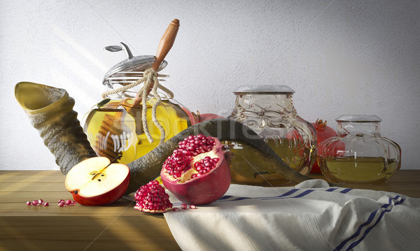 Honey jar with apples and pomegranate for Rosh Hashana religious holiday Stock photo © denisgo