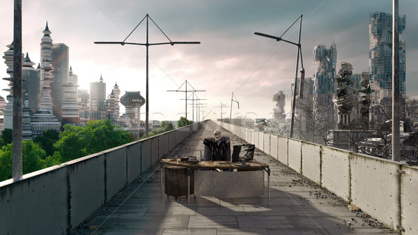 Apocalittico futuristico distrutto città seduta scheletro Foto d'archivio © denisgo