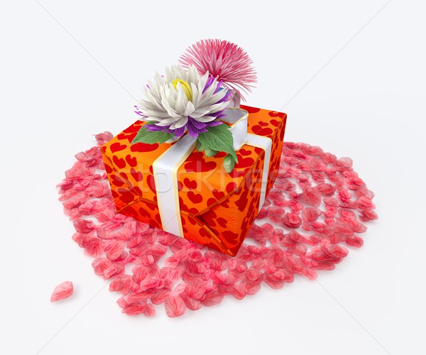 Stock photo: white gift box with ribbon bow and flowers and heart shape, holiday template