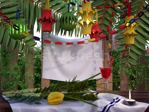 Symbols of the Jewish holiday Sukkot with palm leaves and candle Stock photo © denisgo