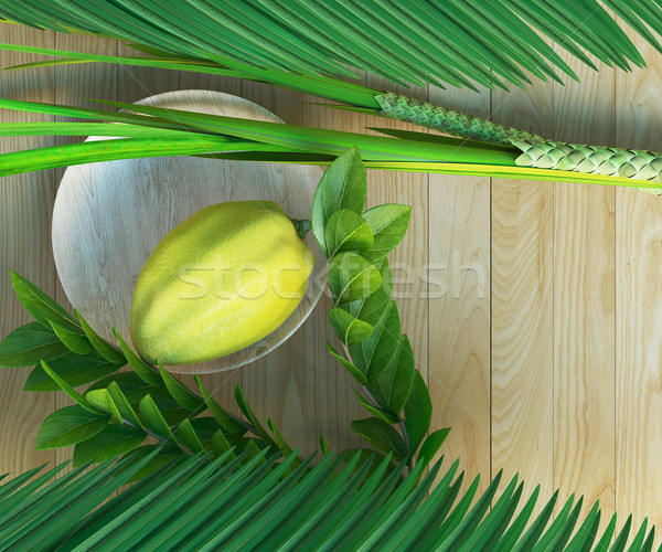 Symbols of the Jewish holiday Sukkot with palm leaves and glass wine 3D illustration Stock photo © denisgo