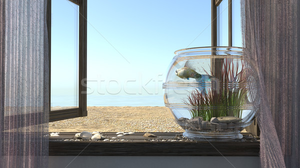 Plajă mare fereastră peşte acvariu lume Imagine de stoc © denisgo