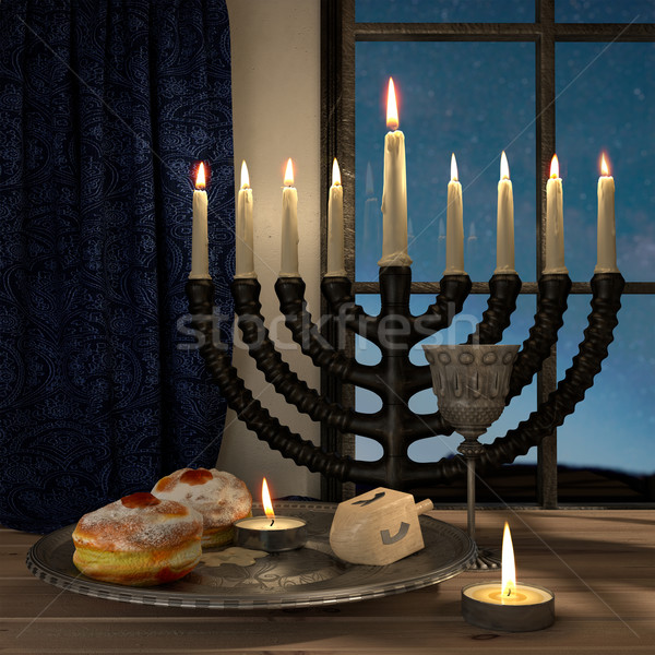 hanukkah background with candles, donuts, spinning top Stock photo © denisgo