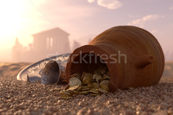 ancient gold coins treasure concept background with antique pitcher and chalice Stock photo © denisgo