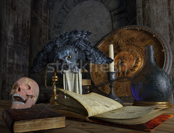 Stock photo: halloween magical still life with skull and owl holiday background