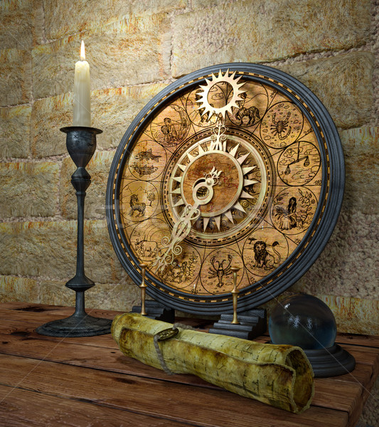 Stock photo: concept still life with zodiac sighs and candle
