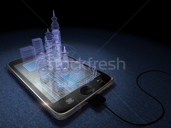 Digital tablet and futuristic town as progress concept background Stock photo © denisgo