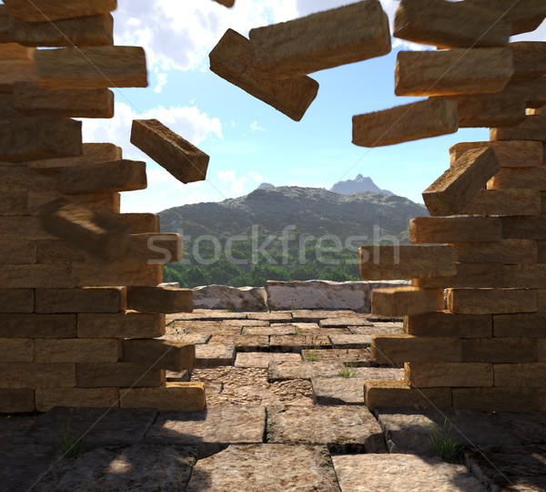 concept vintage image of crashed stone ancient stone wall with mountains view Stock photo © denisgo