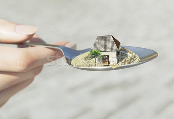 woman hand holding spoon with paper house real estate business concept photo Stock photo © denisgo