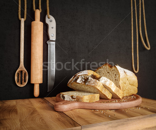Stock photo: Fresh bread with oat sliced on a slate cutting board photo background copy space