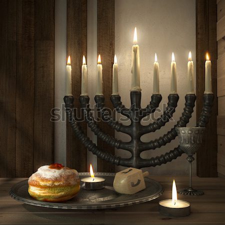 hanukkah background with candles, donuts, spinning top and old books Stock photo © denisgo