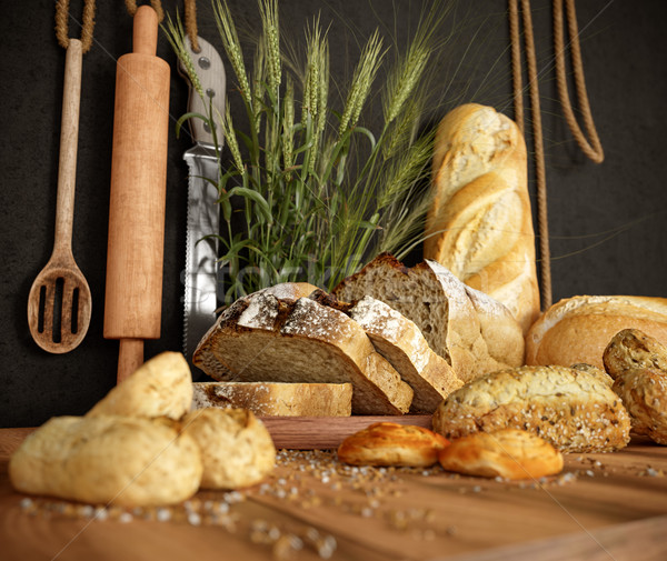 ストックフォト: 新鮮な · パン · 小麦 · まな板 · 写真 · コピースペース
