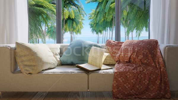 vacation concept background with interior elements,palms and open book Stock photo © denisgo